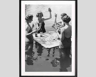 Women Playing Cards in Water, Black and White Photography Print, Retro Wall Art, Fine Art Poster, Nostalgic Summer Decor