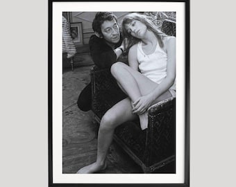 Serge Gainsbourg, Jane Birkin, fotografie-prints, retroposter, zwart-witte muurkunst, retroprint, fotografieposter museumkwaliteit, fotografieposter museum