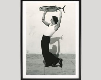 Man Holding Fish Poster, Black and White Photography Print, Fashion Wall Art, Surreal Art Decor, Museum Quality Photo for Modern Interiors