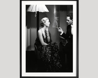 Couple Smoking Poster, Black and White Photography Print, Old Hollywood Glamour, Fine Art Print, Retro Wall Art, Museum Quality Photo Poster