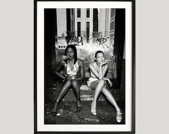 Stampa di Naomi Campbell e Kate Moss, stampe fotografiche, poster retrò, arte murale in bianco e nero, arte fotografica di qualità museale
