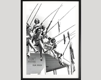 Women on Sun Deck Print, Fishing Photo, Black and White Boat Photography, Retro Beach Fun, Women on Deck Art, Classic Nautical Moment Poster