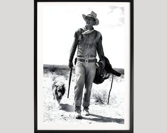 Póster de John Wayne Hondo, impresión fotográfica clásica en blanco y negro, retrato icónico de estrella del western, arte mural retro de vaqueros de Hollywood.
