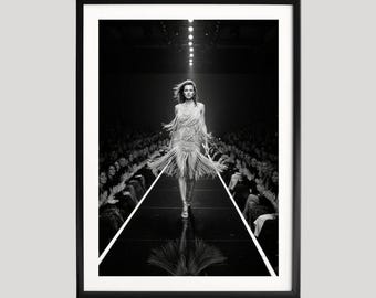 Poster di Kate Moss, modella di passerella, stampa fotografica in bianco e nero, arte murale di alta moda, poster di belle arti, decorazioni di moda glamour