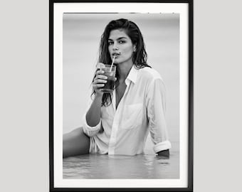 Cindy Crawford Photography Print, Retro Fashion Poster, Black & White Wall Art, Vintage Fashion Print, Museum Grade Photography Poster