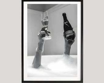 Champagner Bad Kunst, Fotografie Druck, Luxus Badezimmer Wandkunst, Schwarz Weiß Wandkunst, Fine Art Print, Foto Poster in Museumsqualität