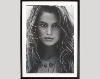 Cindy Crawford Photography Print, Retro Fashion Poster, Black & White Wall Art, Vintage Model Portrait, Museum-Grade Fashion Artwork