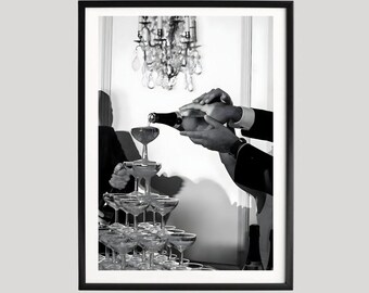 Champagne Celebration Wall Art, Black and White Luxury Party Photography Print, Elegant Champagne Tower Fine Art Poster, Chic Festive Decor