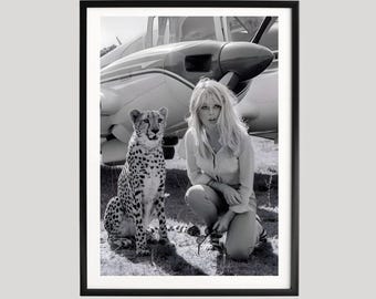 Brigitte Bardot Poster, Black and White Photography Print, Vintage Safari Portrait, Celebrity Wall Art, Old Hollywood Decor