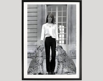 Poster di Françoise Hardy, stampa fotografica in bianco e nero, iconica cantante francese con ghepardi, moda anni '60, arte murale vintage