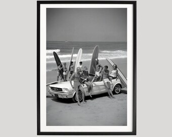 Girl and Boys Surfing Poster, Black and White Beach Art, Surfboard Wall Decor, Retro Mustang Photo Print, Coastal Home Wall Art