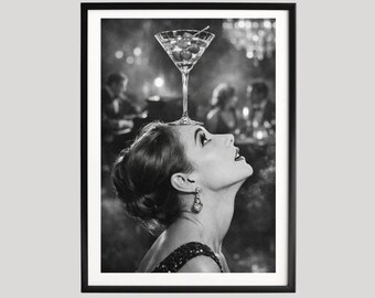 Vintage Martini Woman Poster: Retro schwarz-weiß Fine Art Print