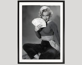 Väggkonst med Marilyn Monroe och pengar, svartvitt fotografi, glamorös kvinna, konstposter, retro modeväggdekor