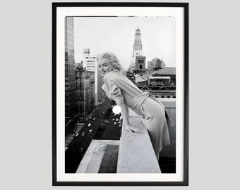 Marilyn Monroe Rooftop Wall Art, Black and White Photography Print, Elegant Woman Fine Art Poster, City View Wall Decor