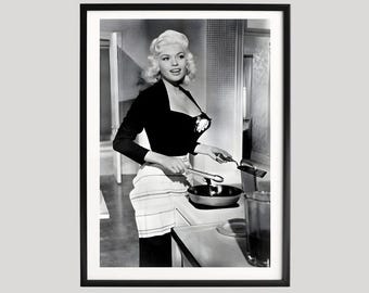 Jayne Mansfield-affisch, svartvitt fotografi, vintage-köks-pinupporträtt, klassisk Hollywood-glamourväggkonst
