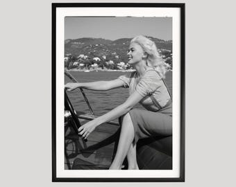Jayne Mansfield, Fototryck, Hollywoodstjärna, Svartvit väggkonst, Båtkonsttryck, Retro fotografiväggdekor