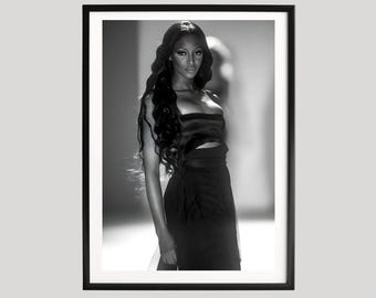 Naomi Campbell Schwarz Weiß Fashion Portrait Print, Kultiges Supermodel Editions Poster