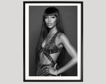 Naomi Campbell Fotografie Druck, Schwarz Weiß Mode Poster, Elegante Supermodel Porträt Kunst