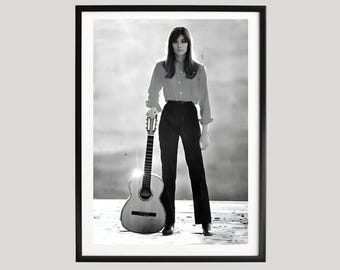 Poster con ritratto di chitarra di Françoise Hardy, fotografia musicale vintage in bianco e nero, cantautrice francese, arte murale minimalista senza tempo