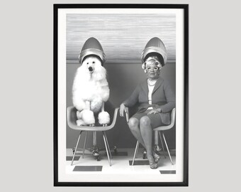 Vintage Pudel und Frau Salon Druck | Retro Schwarzweiß Fotografie
