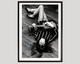 Poster di chitarra di Françoise Hardy, fotografia musicale vintage in bianco e nero, cantautrice francese degli anni '60, iconica arte murale retrò
