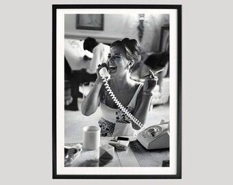 Vintage Frau am Telefon Druck | Retro schwarz-weiße Wandkunst