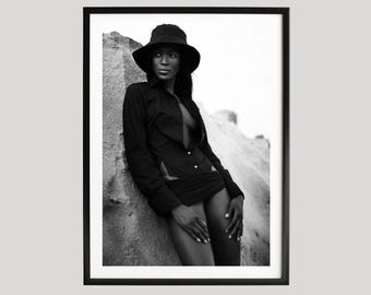 Naomi Campbell Fotografie Druck, Schwarz Weiß Fashion Portrait Poster, Ikonenhaftes Supermodel Editions, Minimalistisches Wanddekor