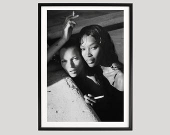 Naomi Campbell Kate Moss Schwarz Weiß Fashion Print, Supermodel Duo Portrait Wandkunst
