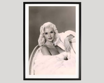 Jayne Mansfield Poster, Black and White Photography Print, Glamorous Fur Portrait, Classic Hollywood Pin-Up Wall Art