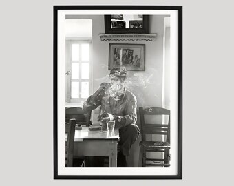 Man Smoking Poster, Black and White Photography Print, Moody Café Wall Art, Vintage Atmosphere Fine Art Photo, Museum Quality Decor