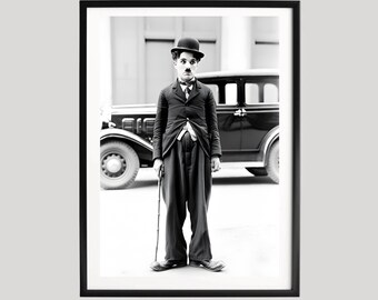 Charlie Chaplin Classic Tramp Poster, Schwarz-Weiß-Stummfilm Fotografie, Vintage Car Szene, Kultige Komödie Kino Wandkunst