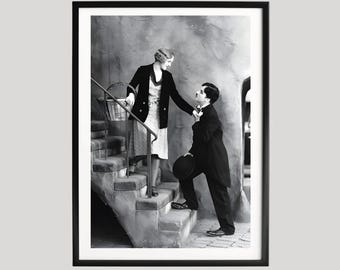 Charlie Chaplin Romantische Treppe Poster, Schwarzweiße Vintage Kino Fotografie, Klassische Paar Szene, Zeitlose Liebe Wandkunst