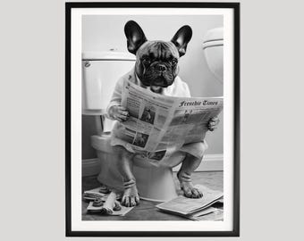 Französische Bulldogge, Zeitungsdruck, Poster fürs Badezimmer