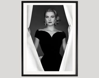 Grace Kelly Elegant Poster, Black and White Hollywood Glamour, Classic Beauty in Evening Dress, Timeless Vintage Wall Art