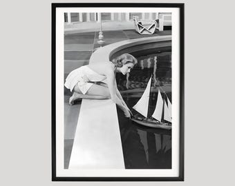 Grace Kelly Vintage Poolside Portrait, Black and White Elegance with Model Sailboat, Classic Hollywood Glamour Wall Art Print