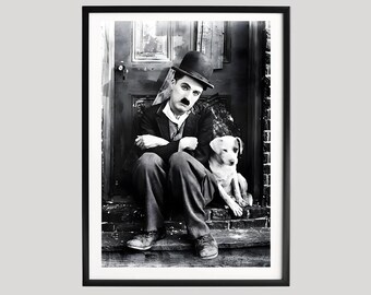 Charlie Chaplin With Dog Poster, Black and White Vintage Cinema Photography, Classic Silent Film Icon Portrait, Timeless Wall Art