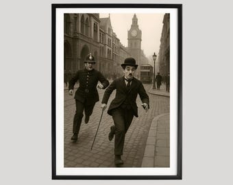 Locandina di Charlie Chaplin con inseguimento della polizia, scena di strada in bianco e nero del film muto, sequenza di corsa della commedia classica, arte murale vintage del cinema