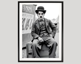 Poster di Charlie Chaplin Close, fotografia in bianco e nero del cinema muto, scena classica del personaggio del vagabondo, arte murale vintage del cinema