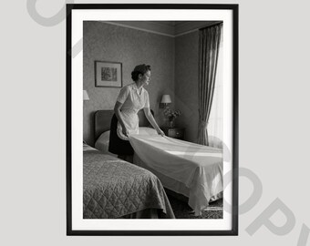 Hotel Housekeeping Poster, Black and White Art, Classic Hospitality Photography, Bedroom Service Print, Hotel Interior Travel Gift