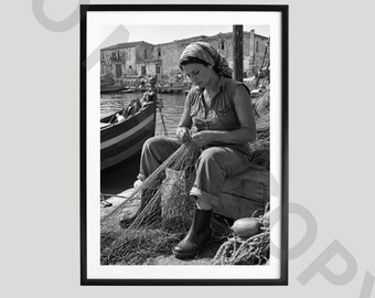 Vintage Fisherwoman Poster, Black and White Art, Coastal Fishing Photography, Mediterranean Harbor Print, Nautical Seaside Gift