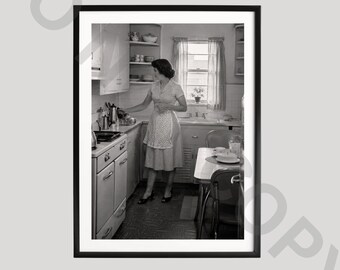 Retro Kitchen Poster, Black and White Art, Vintage Homemaker Photography, Mid Century Cooking Print, Classic American Home Gift