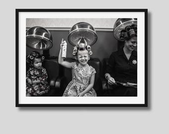 Vintage Hair Salon Kids Photo, Black and White Funny Children Portrait, Retro Beauty Parlor Wall Art, Mid Century Style Print