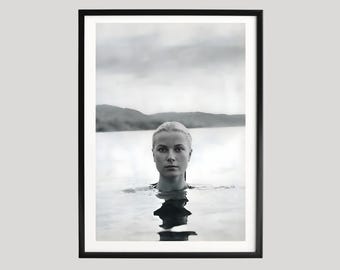 Grace Kelly Style Black and White Portrait, Elegant Vintage Water Photography, Classic Hollywood Glamour Wall Art Print