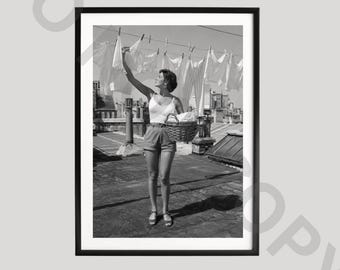 Italian Rooftop Poster, Black and White Art, European Lifestyle Photography, Laundry Day Print, Mediterranean Travel Gift