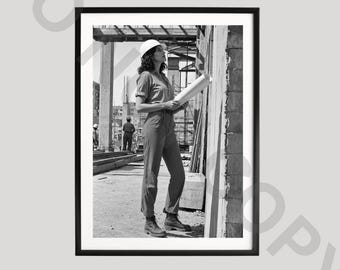 Retro Female Architect Poster, Black and White Art, Vintage Construction Photography, Mid Century Industrial Print, Engineer Gift