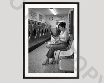 Laundry Room Poster, Black and White Art, Everyday Life Photography, Retro Laundromat Print, Minimalist Home Decor Gift