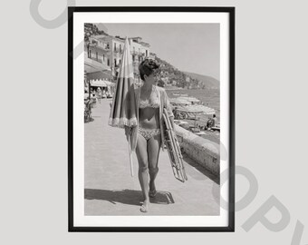 Retro Italian Riviera Poster, Black and White Art, Vintage Beach Fashion Photography, Mediterranean Summer Print, Coastal Travel Gift
