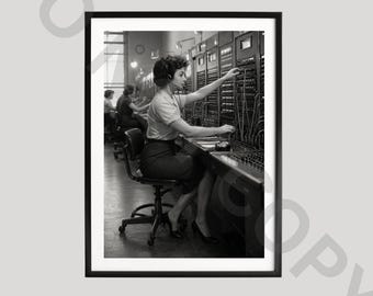 Retro Telephone Operator Poster, Black and White Art, Vintage Switchboard Photography, Mid Century Office Print, Communication History Gift