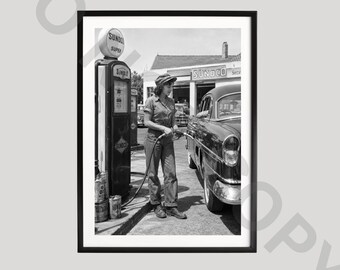 Retro Gas Station Poster, Black and White Art, Classic Car Photography, American Roadside Service Print, Vintage Auto Travel Gift