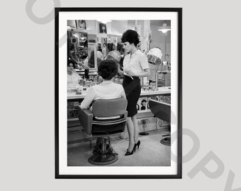 Retro Hair Salon Poster, Black and White Art, Vintage Beauty Photography, Classic Hairstylist Print, Mid Century Salon Decor Gift